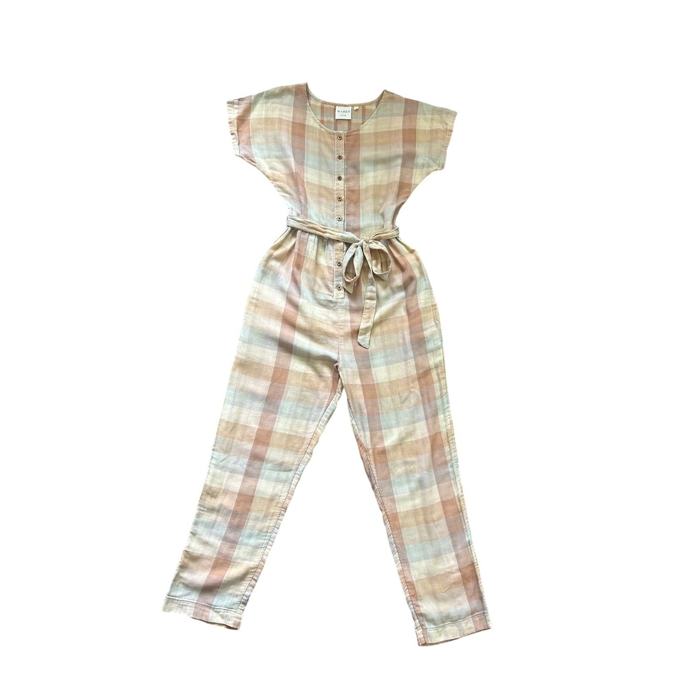 Wares by Olli Ella Plaid Jumpsuit With Pockets Women XS Organic Cotton Tie Waist - Picture 2 of 10